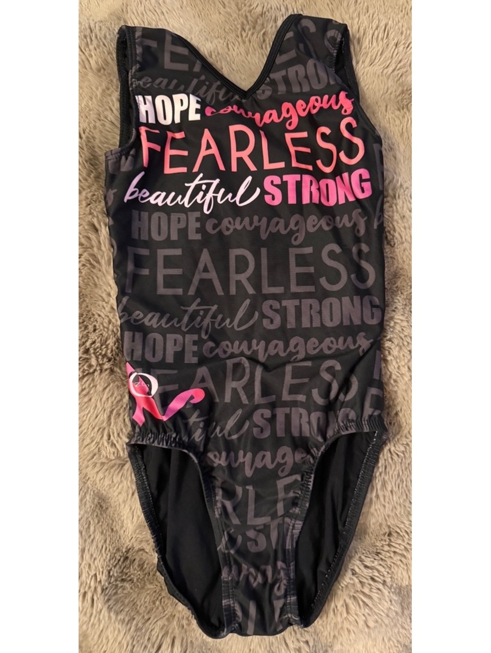 GK Elite Gymnastics Leotard AXS Black Pink Breast Cancer Awareness Fearless